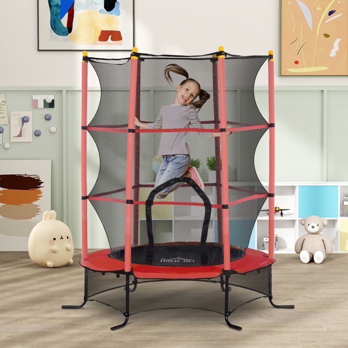 Trampoline Enfant HOMCOM Ø 1,63 × 1,9H m Filet de sécurité Porte zipée Couvre-Ressorts 6 poteaux rembourrés Inclus Rouge