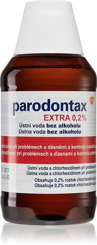 enxaguante bucal Parodontax Extra 0,2% sem álcool reduz a placa bacteriana e mantém as gengivas saudáveis.