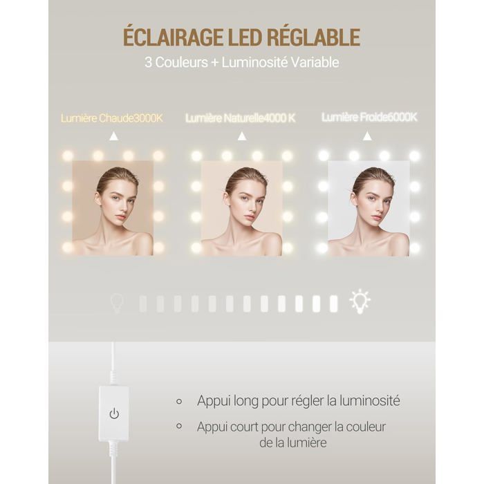 Tocador con iluminación LED, tocador con espejo HD grande, 7 cajones y 6 estantes de almacenamiento, tocador para dormitorio, moderno, blanco.