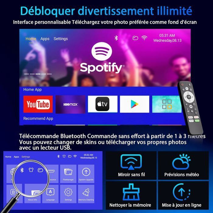 Mini vidéoprojecteur portable - SUTEO - Bluetooth 5.2 - Supporte 4K - 1080P - Mise au point automatique