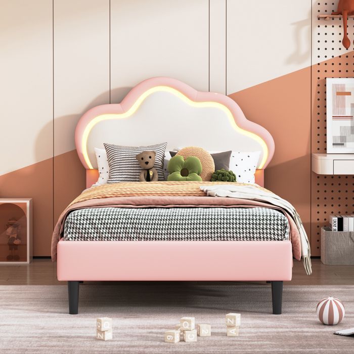 Cama individual de 90x200 cm, cabecero con forma de nube, iluminación LED, cama infantil, color rosa.