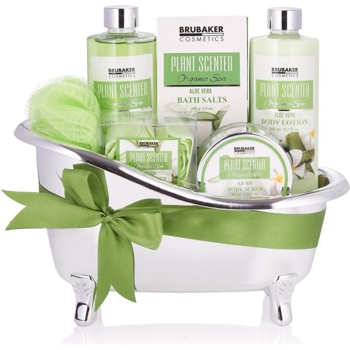 Set cosmetico per bagno e doccia BRUBAKER - 7 pezzi - in una vasca da bagno decorativa - Idea regalo - Aloe Vera