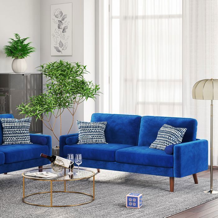 Canapé 3 Places en Velours Bleu,Canapé Scandinave avec 2 coussins pour salon chambre,Fauteuil Moderne 176×78×85 cm