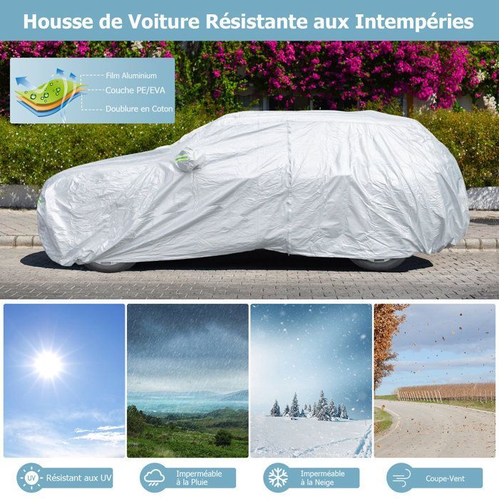 Funda para coche de exterior COSTWAY, con puerta con cremallera, tiras reflectantes y bolsa de almacenamiento, no superior a 492 cm.