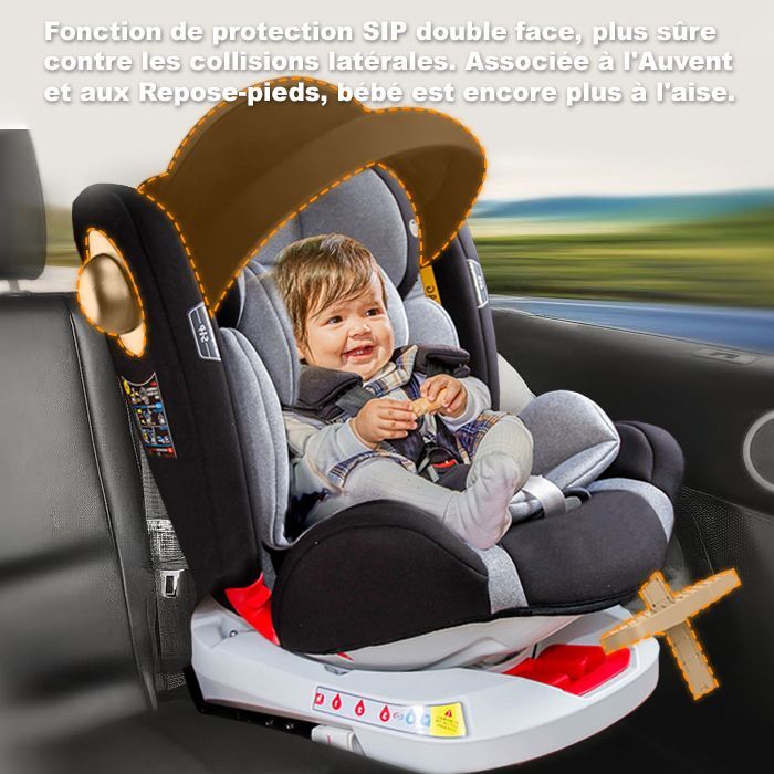 ISOFIX LATCH 360° rotating car seat, 40-150 cm, 0 to 12 years, i-Size - Group 0+/1/2/3 - Reclining, Canopy, Footrest, SIP Protection