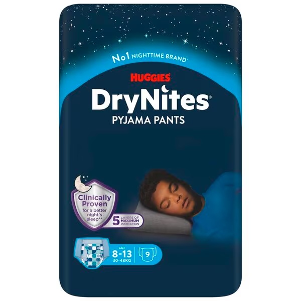 DryNites zēnu naktsbikses 8-13 gadiem<br>8-13 gadi (30-48 kg), 9 gabali