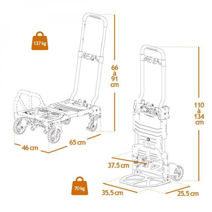 Carretilla de mano plegable 2 en 1 de 4 ruedas - Capacidad de carga de 137 kg - Linxor