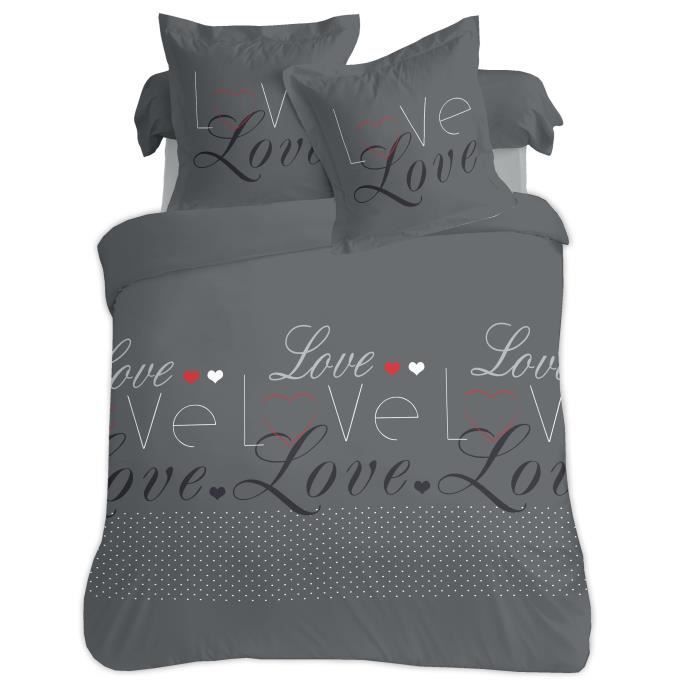 Juego de funda nórdica VISION Love - 100% algodón - 1 funda nórdica de 240 x 220 cm + 2 fundas de almohada de 65 x 65 cm - Gris antracita
