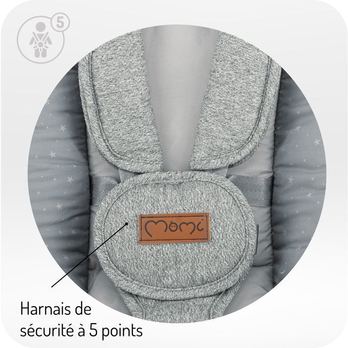 MoMi PEARL - Altalena elettrica per neonati a 360° - 5 velocità, 10 melodie, Bluetooth - Schienale regolabile - Barra giochi - Grigio