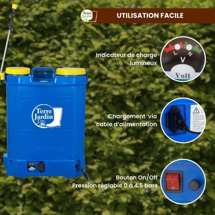 Pulvérisateur électrique dorsal 16 L rechargeable 12V, lance télescopique 49-85 cm, TERRE JARDIN pression réglable 4,5 bar - 4 buses