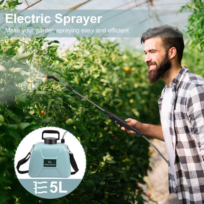 Spruzzatore elettrico da giardino TTLIFE con 3 ugelli regolabili, capacità 5 litri, ricaricabile tramite USB, ideale per giardinaggio, diserbo e lavaggio auto.