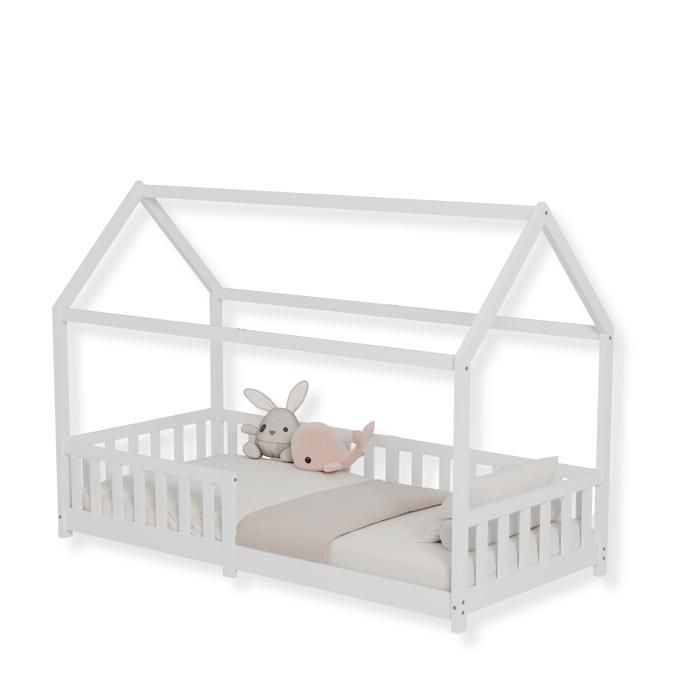 Lit Cabane Enfant - ECOMI - 90x200 cm - Blanc - Barrière de Sécurité - Sommier Inclus