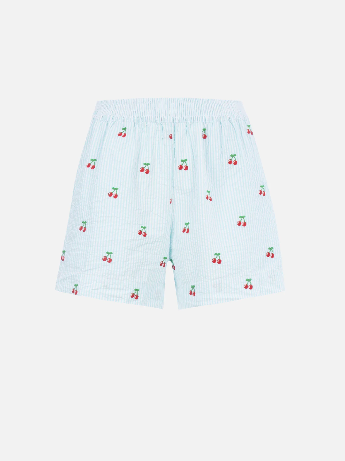 Meave damesshorts van seersucker met strepen en kersenapplicaties