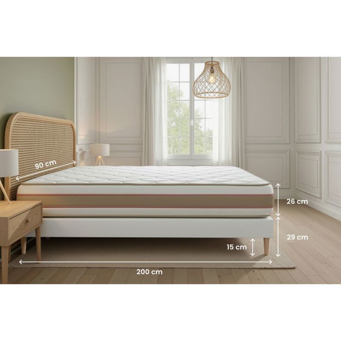 LE DÉLICAT 90x200cm Pocket Springs + Memory Foam 5 Comfort Zones - 26cm Thick + Slatted Base Kit White