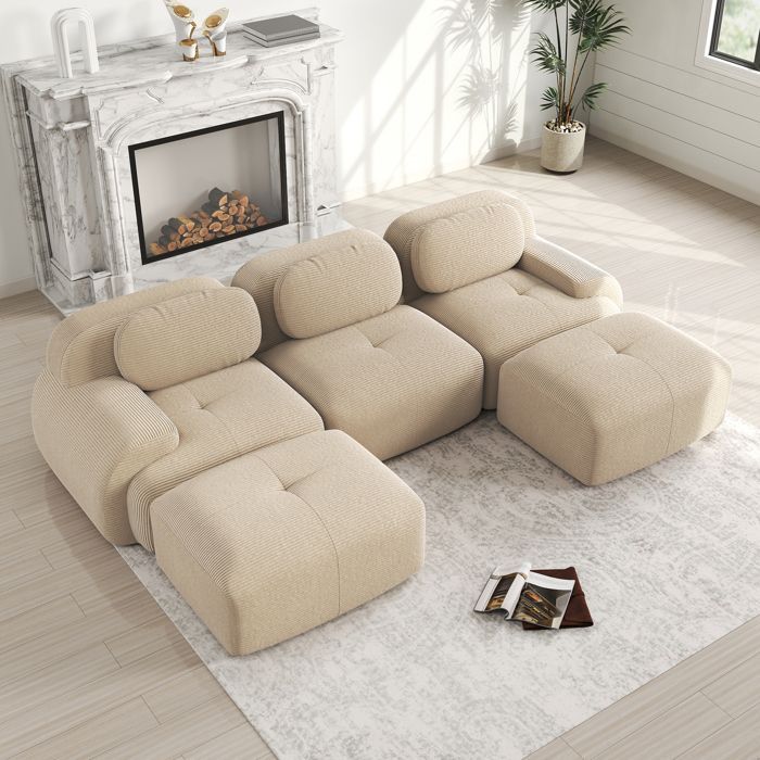 Modulaire U-vormige hoekbank in beige corduroy, 298x178 cm - 32D HR-schuim, antislip, wordt gemonteerd geleverd.