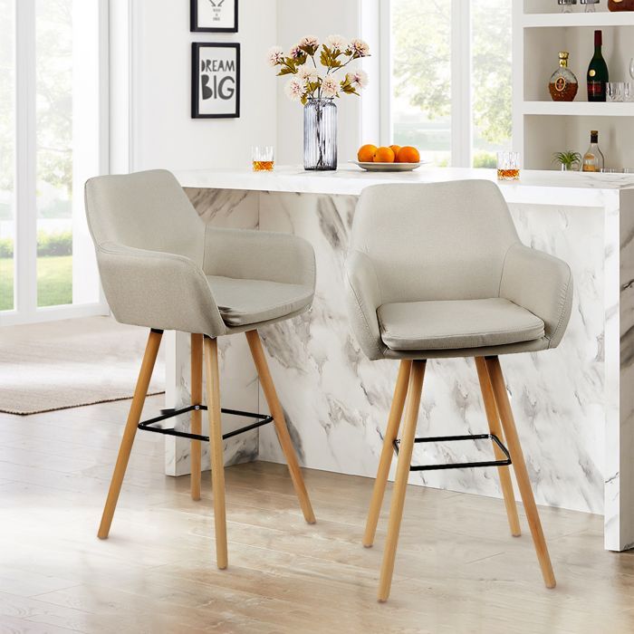 MIPAN . Lot de 4 Tabourets de Bar en lin avec pieds en bois -  Chaise Bar Haute en Tissu - Tabourets de Bar Beige