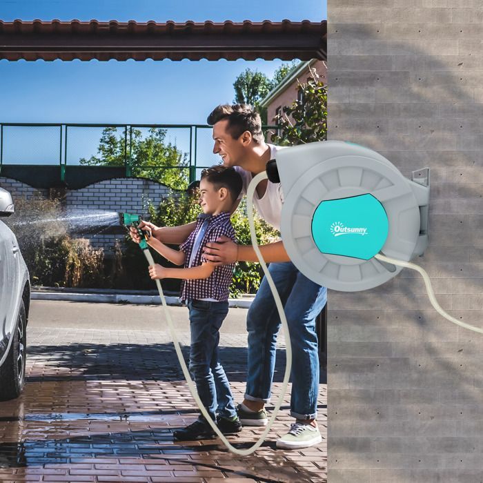 Outsunny garden hose reel - 25+2 m - wall mount + handle - 180° swivel - 7 spray patterns - grey