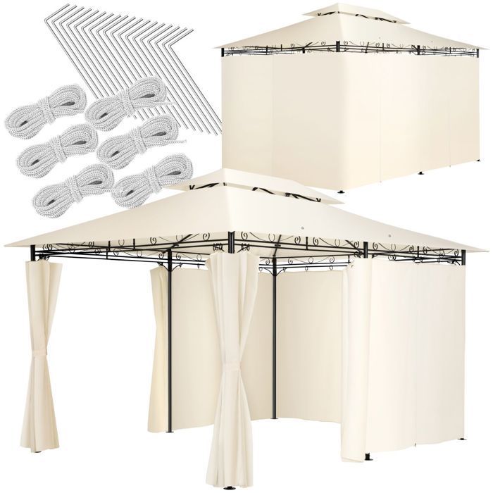 Pavillon de jardin - TECTAKE - Tonnelle EMINE avec 6 parois latérales en tissu déperlant 4 x 3 m - Crème