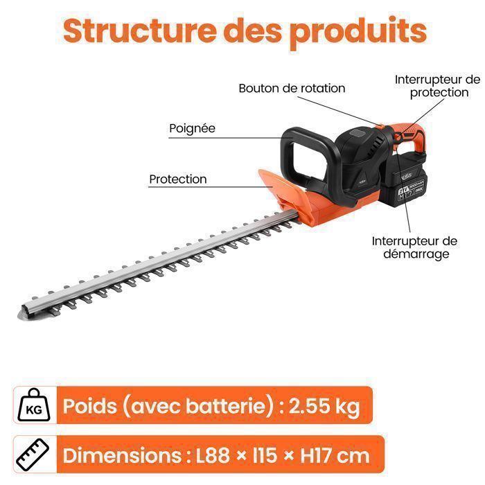 Hedge trimmer with 2 rechargeable 3Ah batteries, 51cm double-edged blade, 15mm blade gap, rotating handle, brushless motor
