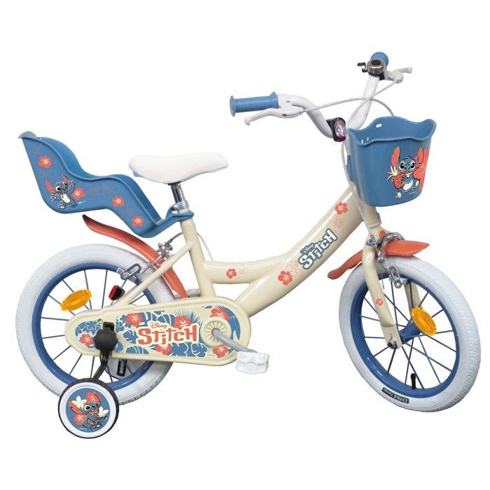 Bicicleta infantil de 14 pulgadas de STITCH / DISNEY (tamaño infantil de 90 cm a 105 cm) equipada con 2 frenos, cesta, portamuñecas y ruedines.