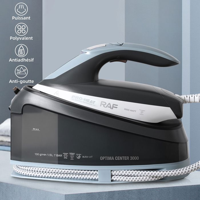 Steam generator iron, 7 bar pressure, constant temperature, 3000W, 130g/min steam output, 1.5L water tank, non-stick soleplate, light grey