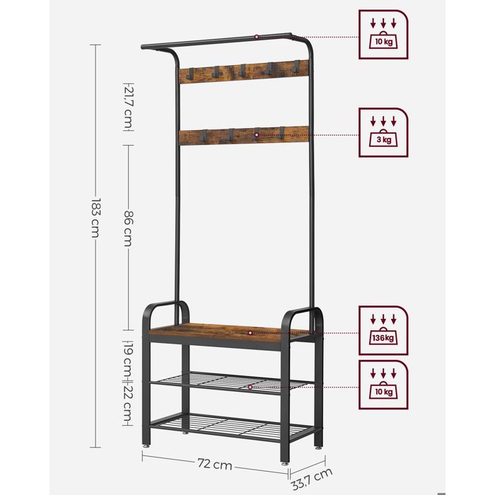 Appendiabiti - VASAGLE - Mobile da ingresso con ganci rimovibili - Design industriale - Marrone vintage