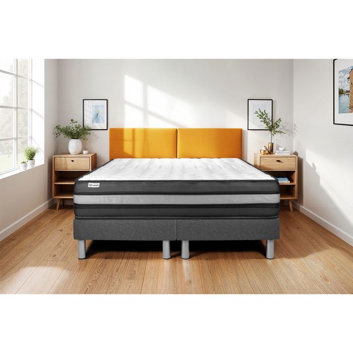 Ensemble Matelas Sommier 200x200 cm - 2 Sommiers Gris - Vital Power Zen Gris