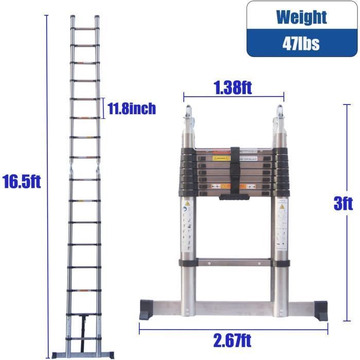 5m telescopic ladder, 2.5m + 2.5m portable extension folding ladder in stainless steel, 150kg load capacity