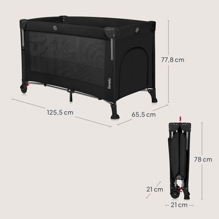 LIONELO Ellen 3-in-1 Travel Cot - Co-sleeping Cot - Playpen - High-Density Mattress - 2 x Wheels - 0-36 Months - Black