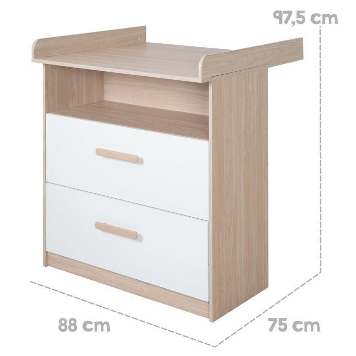 Commode à langer évolutive - ROBA - CABANE - 2 tiroirs - Extension à langer amovible - Chêne / Blanc