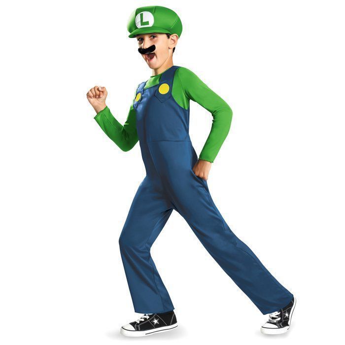 Luigi Costume for Children - Mario - Jumpsuit, Mustache, Cap - Black, Multicolor - Boy