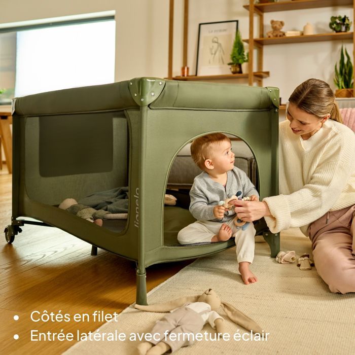 Cuna de viaje 2 en 1 LIONELO Jasmin - Parque infantil - Colchón de espuma T25 - Plegado rápido - 2 ruedas - Hasta 15 kg - Verde