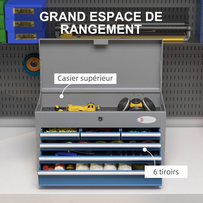 Toolbox - DURHAND - metal, 6 drawers, 1 lockable top tray, 2 keys, handles - metal - blue