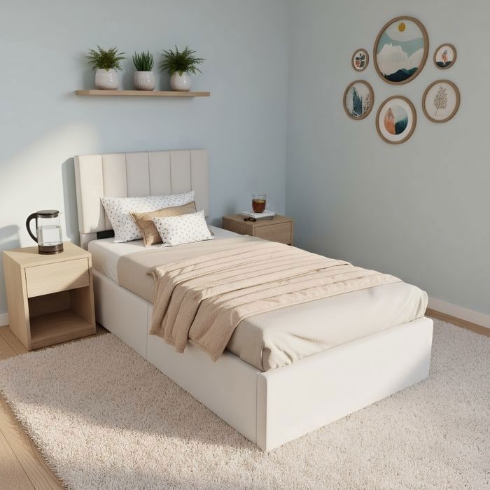 Opbergbed 90x200cm, eenpersoonsbed, bed van 90 x 200 cm met lattenbodem en opbergruimte, kinderbed, bedframe, beige, linnen