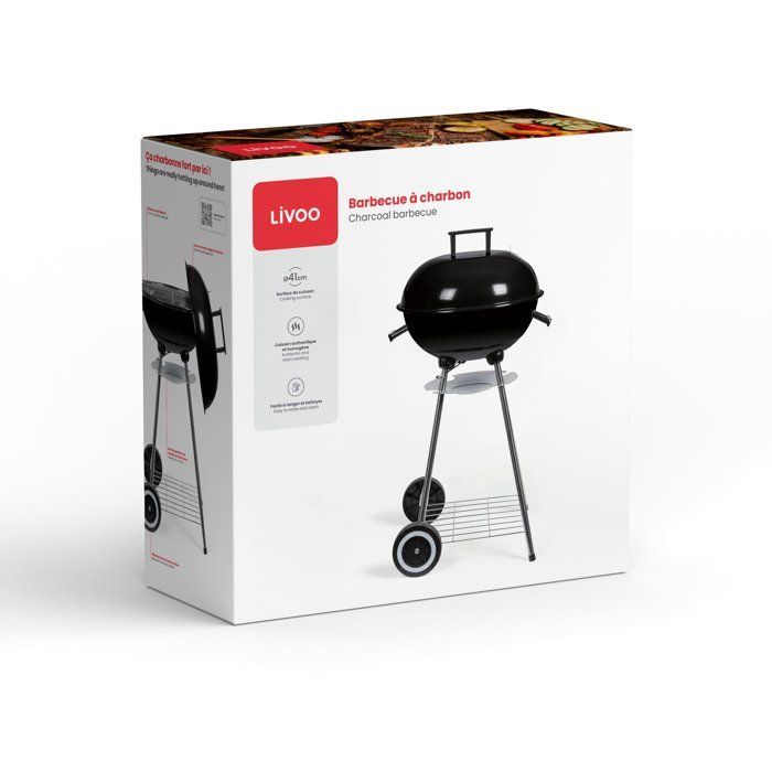 Barbecue à charbon - LIVOO - DOC172N - Surface de cuisson Ø 41 cm - Grille en acier chromé - Cuve et couvercle en acier émaillé