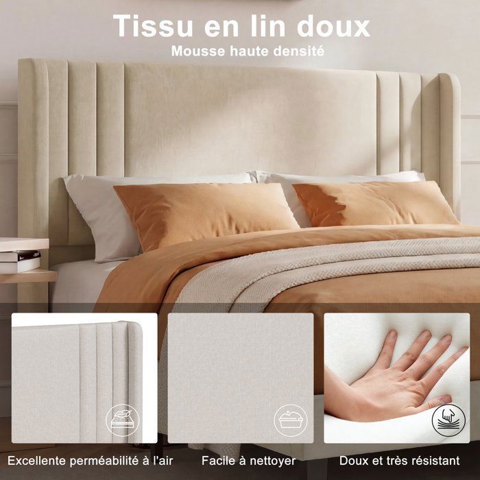 Volwassenenbed 140x200 cm, tweepersoonsbed met houten lattenbodem, gestoffeerd bedframe met lattenbodem en hoofdeinde, beige linnen