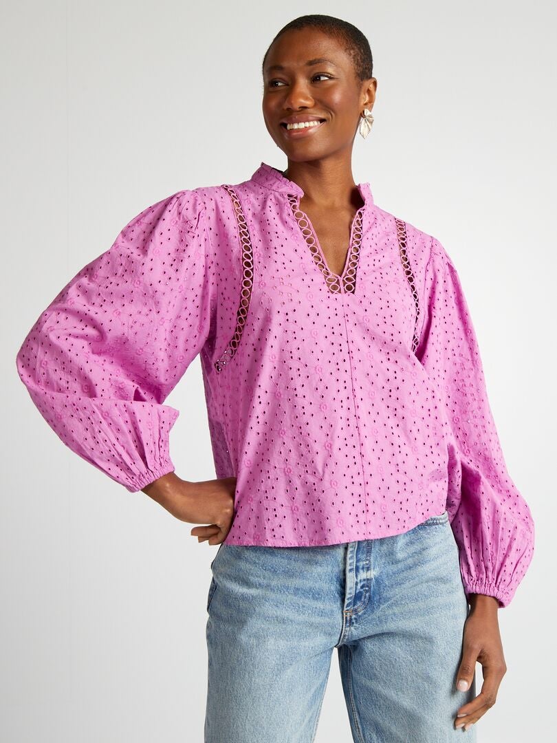 Geborduurde en geperforeerde blouse met V-hals - ROZE