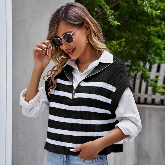 Pull Gilet Femme Col en V Sans Manches Bicolore Coupe Décontractée En Tricote À rayure - Noir - INSFITY