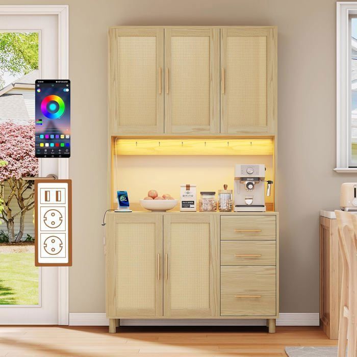 LEMONBEST Buffet de cuisine 183 cm rotin tressé, LED multicolore, prises électriques & USB, 5 portes, 3 tiroirs