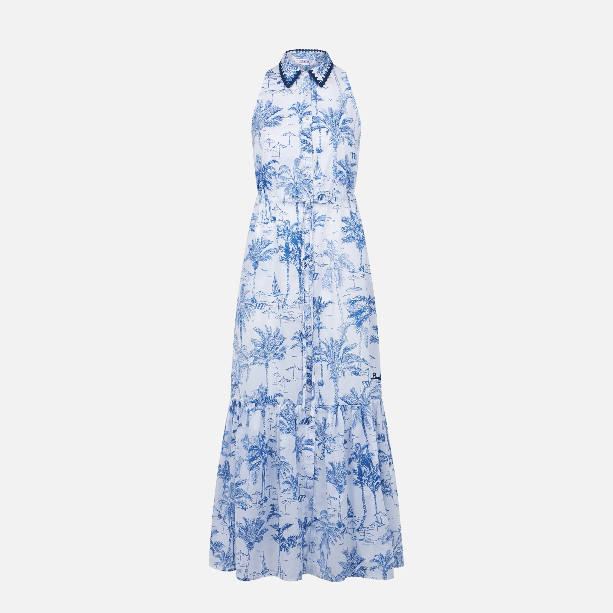 Damesjurk met halternek en toile de jouy-print.
