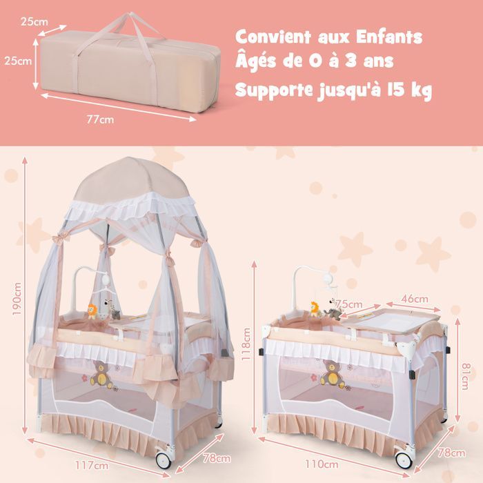 Cuna de viaje plegable 4 en 1 para bebé COSTWAY - Colchón, mosquitera, cambiador - 2 ruedas - Caja de música, 3 juguetes - Rosa