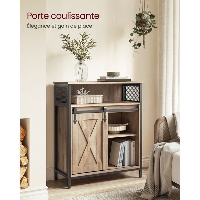 VASAGLE Credenza da cucina, cassettiera con anta scorrevole, 30 x 70 x 80 cm, ripiani regolabili, marrone cammello e nero inchiostro