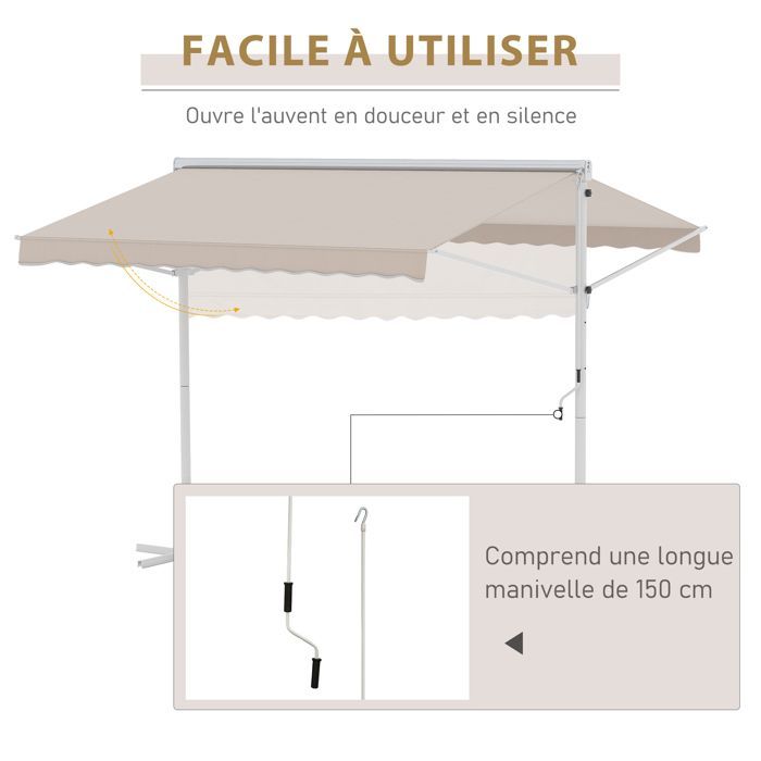 Dubbel hellend zonnescherm 3 x 3 m, handmatig intrekbaar, verstelbaar, kantelbaar, wit, epoxy, staal, waterdicht, polyester, UV-bestendig, beige