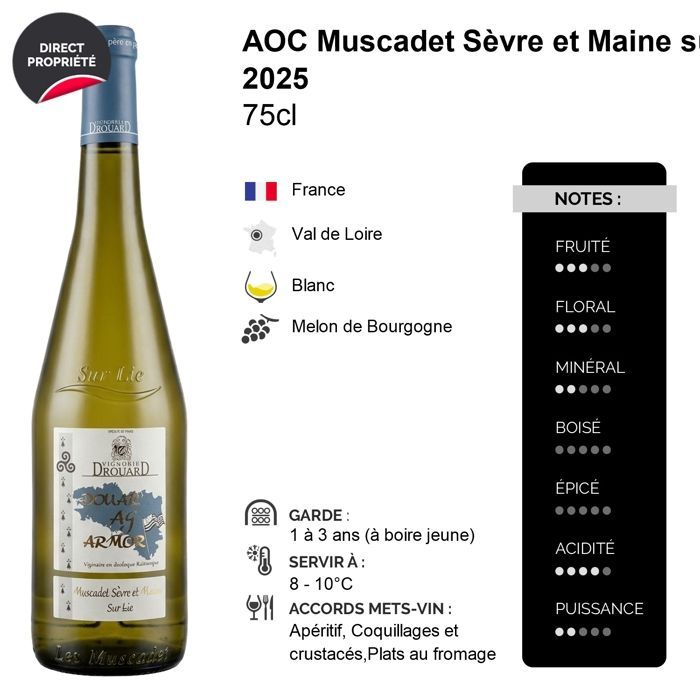 Vignoble Drouard Muscadet Sèvre et Maine sur lie Douar Ag Armor 2025 - Vin Blanc du Val de Loire (6x75cl)