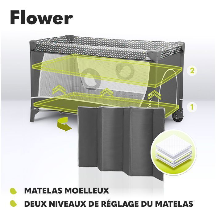Cuna de viaje compacta 3 en 1 LIONELO Flower - Parque infantil - 0-36 meses - Bolsa de transporte - Plegado rápido - Ruedas - Gris oscuro