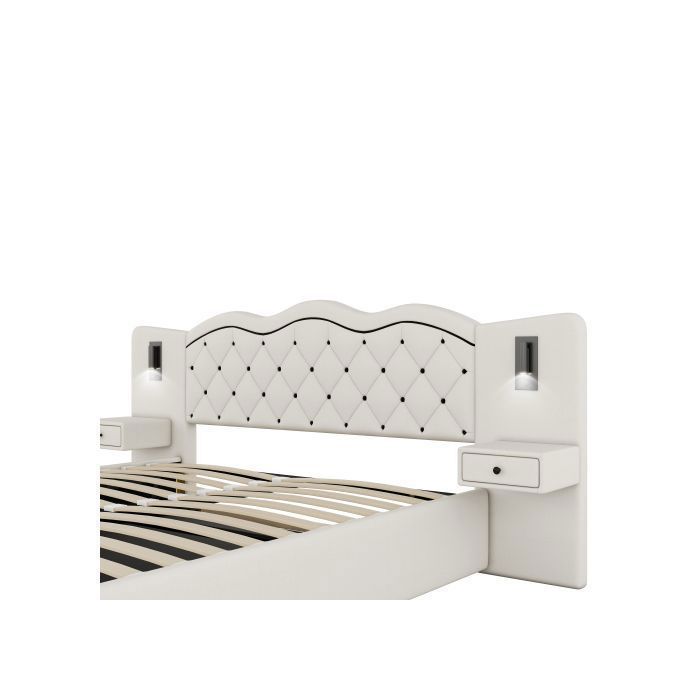 Letto contenitore 180x200 cm, beige - Meccanismo di sollevamento idraulico - Porta USB - 2 lampade da comodino