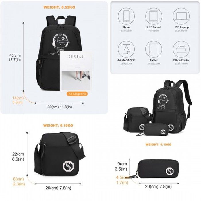 30x14x45cm Backpack Set of 3 Stitch Children's Backpacks with Shoulder Bag and Pencil Case for School, Black