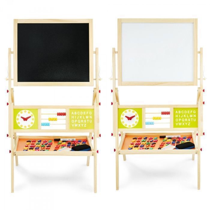 Șevalet din lemn pentru copii 98x45x42cm - 2 fețe - Alb magnetic și tablă - Șevalet pentru copii cu ceas, alfabet și
