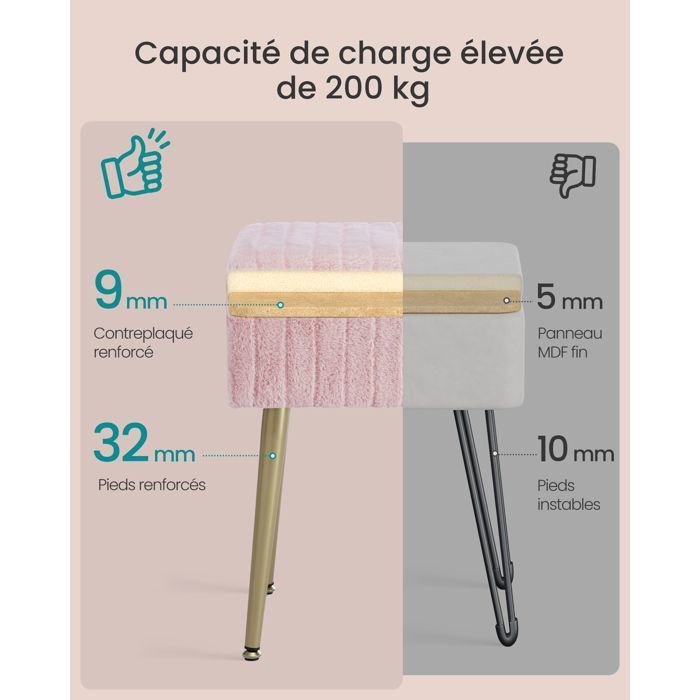 Banqueta para penteadeira - Com espaço para guardar objetos - Pés de metal - Rosa-chiclete - SONGMICS