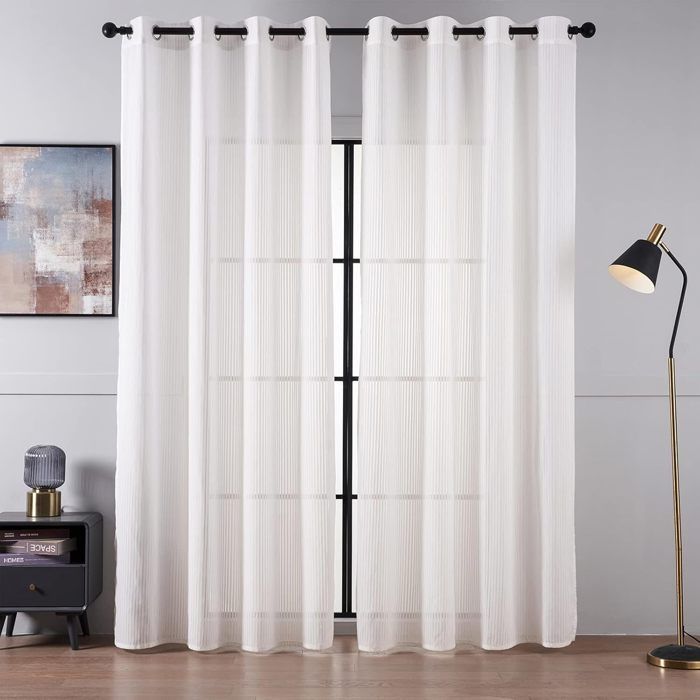 Topfinel Rideau 140x225cm Voilage Blanc de Chambre Motif Rayures Verticales Rideau Voile Transparent à Oeillets Bon drapé Lot de 2